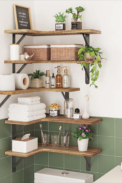 Cute bathroom idea :)! They are almost 45% off for a prime deal! Corner Floating Shelves, Float Shelf, Wall Mounted Corner Shelves, Floating Corner Shelves, Wooden Floating Shelves, Fa Fal, Rustic Wood Walls, Solid Wood Shelves, Wood Wall Shelf