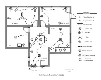 This electrical floor plan illustrates the electrical system of a residential house, detailing the placement of lights, switches, and outlets in different rooms including the bedroom, bathroom, kitchen, living/dining room, and storage room. It shows various electrical symbols such as ceiling lights, downlights, fans, and different types of switches like single-pole and three-way switches. Electrical Floor Plan Layout, Lighting Layout Floor Plans, Electrical Layout Plan Home, Kitchen Electrical Layout, Electrical Floor Plan, Electrical Plan Symbols, Electrical Layout Plan, Lights Switches, Kitchen Living Dining Room