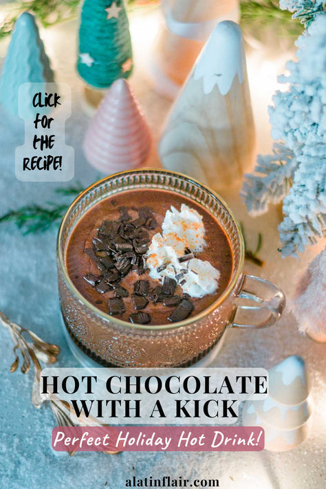 Warm up with a cup of HOT CHOCOLATE WITH A KICK! 🍫🔥 This rich and creamy cocoa is spiced with cayenne pepper for just the right amount of heat. Perfect for chilly days when you need a cozy drink with a little extra warmth! 🍽️CLICK FOR THE RECIPE! ��🍽️ Latin Dessert Recipes, Holiday Hot Drinks, Fun Beverages, Spicy Hot Chocolate, Frozen Drink Recipes, Classic Hot Chocolate, Spicy Chocolate, Frozen Cocktail Recipes, Pepper Recipe