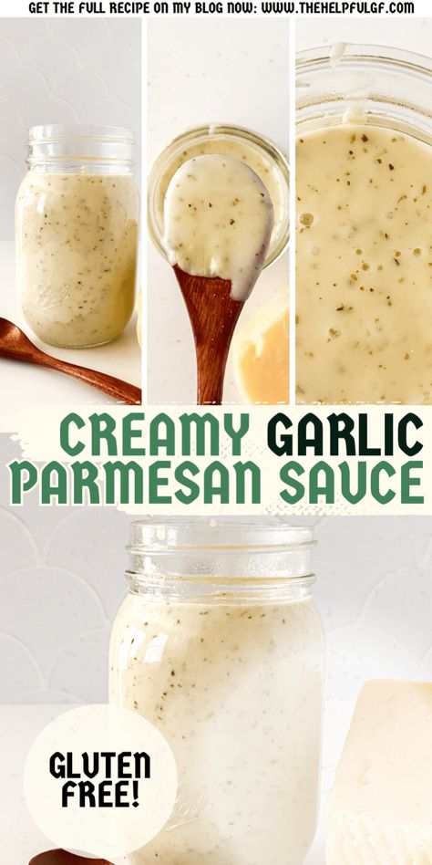 Try this easy garlic parmesan sauce for a variety of dishes! Use it as a garlic parmesan marinade, simple parmesan sauce for pasta, or even a garlic parm wing sauce. This butter garlic parmesan sauce is gluten-free, making it a great homemade option for pasta, vegetables, and more. | Gluten-Free Easy Meals | Family Dinner | Quick Meals | Easy Gluten-Free Recipes to Try | Clean Eating Recipes | Healthy Recipes | Food and Drink | Gluten Free Diet | Lunches and Dinners | Special Diet Parmesan Sauce For Pasta, Gluten Free Pasta Sauce Recipes, Garlic Parm Wing Sauce, Paleo Pasta Sauce, Diet Lunches, Chicken Broth Substitute, Parmesan Sauce Recipe, Parmesan Wing Sauce, Creamy Garlic Parmesan Sauce