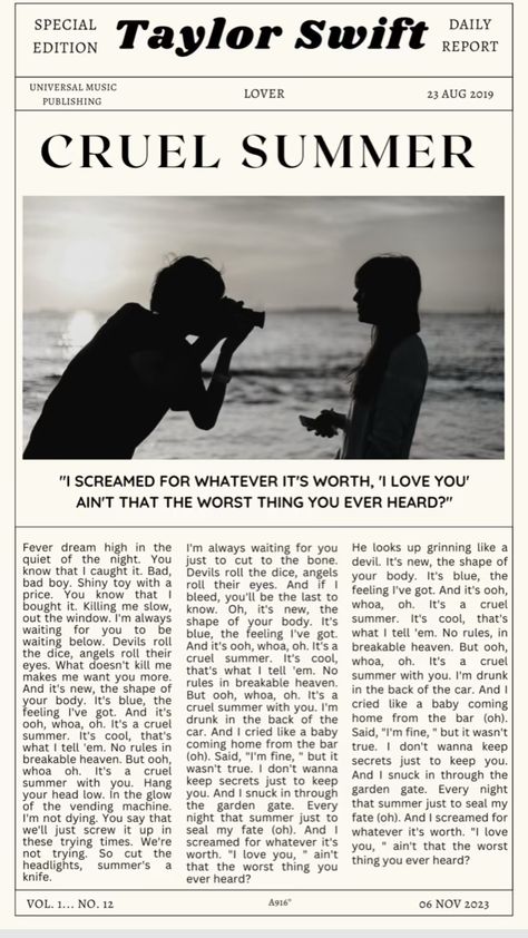 @shahriya21012 Taylor Swift Newspaper Aesthetic, Cruel Summer Quotes, Taylor Swift Lyric Poster Aesthetic, Taylor Swift Songs Poster, Taylor Swift Cruel Summer Wallpaper, Cruel Summer Taylor Swift Aesthetic, Taylor Swift Newspaper, Cruel Summer Aesthetic, Cruel Summer Lyrics