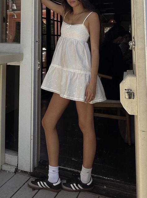 Summer 90s Fashion, Samba Dress Outfit, Dress And Samba Outfit, Cute Samba Outfits, Dress With Sambas, Vintage White Summer Mini Dress, White Coquette Dress For Spring, Coquette Sleeveless Mini Dress For Summer, Coquette Spaghetti Strap Summer Dresses