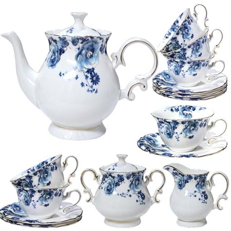 21-Piece Bone China Tea Set for Adults, Blue and White Porcelain Tea Set for 6, Vintage Floral Tea Set With Teapot Creamer Pitcher Sugar Bowl and Teaspoons, Tea Party Sets for Women Gift Victorian Tea Sets, Floral Tea Set, Vintage Tea Time, English Tea Set, Tea Party Setting, British Tea, Bone China Tea Set, Ceramic Tea Set, Porcelain Tea Set