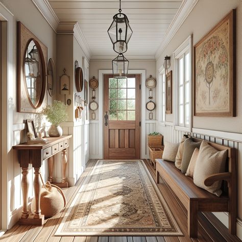 It should capture aspects such as natural lighting filtering in from the window, hardwood flooring extending through the space, and antique wall hangings that add a touch of warmth. Apart from this, there should be a beautifully crafted wooden bench on one side, a vintage-style mirror hanging above it, and patterned throw rugs dotting the path. The color palette should lean towards neutral tones. This image is intended to serve as inspiration for a hallway remodel. Georgian Entryway, Wide Entry Hallway Ideas, House Entrance Hallway, Cozy Entryway Ideas, Entry Hallway Ideas, Farmhouse Hallway, Entryway Decor Ideas, Dream Country, Home Entrance