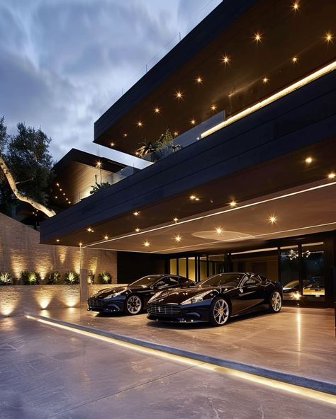 Luxury Parking Garage, Car Porch Ceiling Design, Big Luxury Houses, Big House Luxury, Car Garage Aesthetic, Contemporary Carport, Luxury Car Parking, House Car Parking, Luxury Car Garage Design