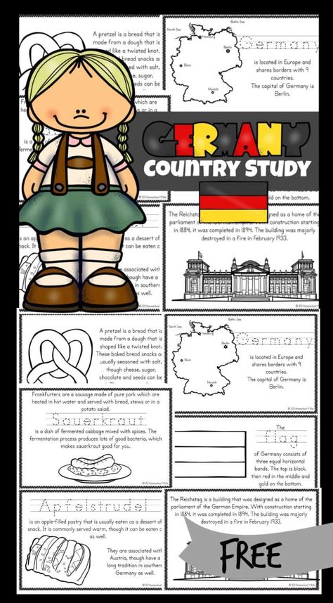 FREE Germany Country Study - Explore the rich culture Germany for Kids with these Germany Printables Books filled with clipart to color and fascinating information about the geography, flag, Brandenburg Gate, Reichstag, and delicious food such as frankfurters, sauerkraut, pretzels, and apple strudel. Germany Crafts For Preschool, Germany Unit Study, Exploring Countries And Cultures Mfw, Germany Crafts, Germany Facts, Germany For Kids, Country Study, Italy For Kids, Geography For Kids