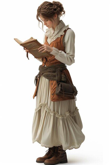 Photo detailed character design of a wri... | Premium Photo #Freepik #photo Witch Reference Photo, Female Engineer Character Design, Scribe Character Design, Blacksmith Pose Reference, Historical Character Design, Cartographer Character, Shopkeeper Character Design, Commoner Clothing, Korok Cosplay