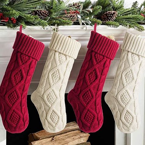 Meriwoods Christmas Stockings, 4 Pack 18 Inches Large Cable Knit Knitted Stockings, Rustic Xmas Farmhouse Decorations for Family Holiday Country Home Decor, Burgundy Red & Cream White #afflink Knitting Christmas, Family Stockings, Knit Stockings, Hanging Stockings, Stocking Gifts, Xmas Stockings, Stocking Holders, Indoor Christmas Decorations, Christmas Stockings Personalized