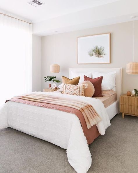 Tarina Wood on Instagram: "I have never used a beige feature paint before but paired with these desert-rose hues, I’m quite smitten 🥰🥰🥰• • •This master bedroom is on show at the new ‘Bellini’ display home by @homebuyerswa (Entwistle Way, Aveley) for anyone wanting to check it out in person ❤️" Neutral Bedrooms With Pop Of Color, Different Interior Styles, Ocean Room Decor, Dressing Room Decor, Summer Bedroom, Pinterest Room Decor, Interior Styles, Room Inspiration Bedroom, Guest Bedrooms