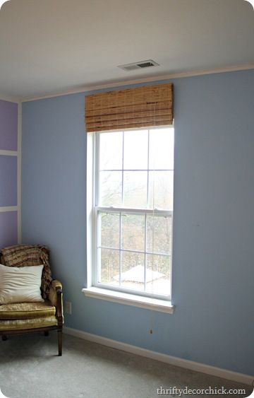 hanging window treatments and shades really high gives the illusion the window is taller than it is. Hang Blinds Above Window, Blinds Above Window Frame, Hanging Blinds Outside Window Frame, Bamboo Valance Ideas, Hang Blinds, Staining Bamboo Blinds, Bamboo Shade With Valance, Valance With Bamboo Blinds, Outside Mount Blinds