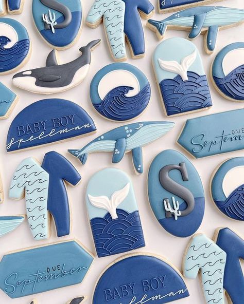 Sea Animal Cookies Decorated, Ocean Theme Cookies Decorated, Whale Baby Shower Cookies, Ocean Decorated Cookies, Nautical Baby Shower Cookies, Whale Cookies Decorated, Beach Baby Shower Cookies, Nautical Cookies Decorated, Under The Sea Baby Shower Cookies