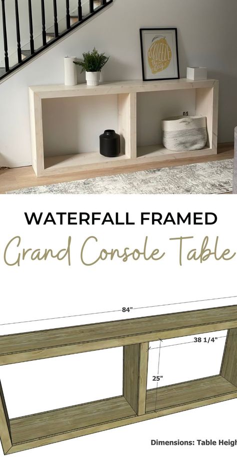 Diy Wooden End Tables Living Rooms, Diy Pallet Console Table, Waterfall Table Behind Couch, Console Diy Table, Diy Modern Entryway Table, Diy Entryway Table Plans, Diy Entryway Decor, Diy Waterfall Entry Table, Diy Wood Tv Console