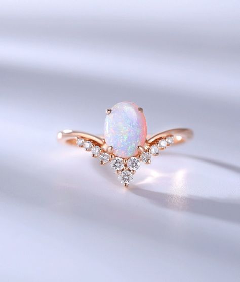 Oval cut white Opal engagement ring for women moissanite curved crown vintage rose gold wedding ring Vintage Wedding Rings Rose Gold, White Opal Engagement Ring, Unique Promise Rings, Engagement Ring Art Deco, Opal Engagement Ring, Opal Wedding, Sterling Silver Jewelry Rings, Crown Vintage, Platinum Wedding Rings