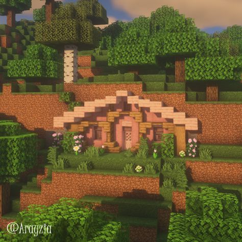 Pink Hobbit Hole Minecraft, Cottagecore Seeds Minecraft, Hobbit Minecraft House, Cherry Blossom Mountain House Minecraft, Cherry Blossom Hobbit Hole Minecraft, Mc Cherry Blossom House, Minecraft Pink Builds, Minecraft Flower House, Hobbit House Minecraft