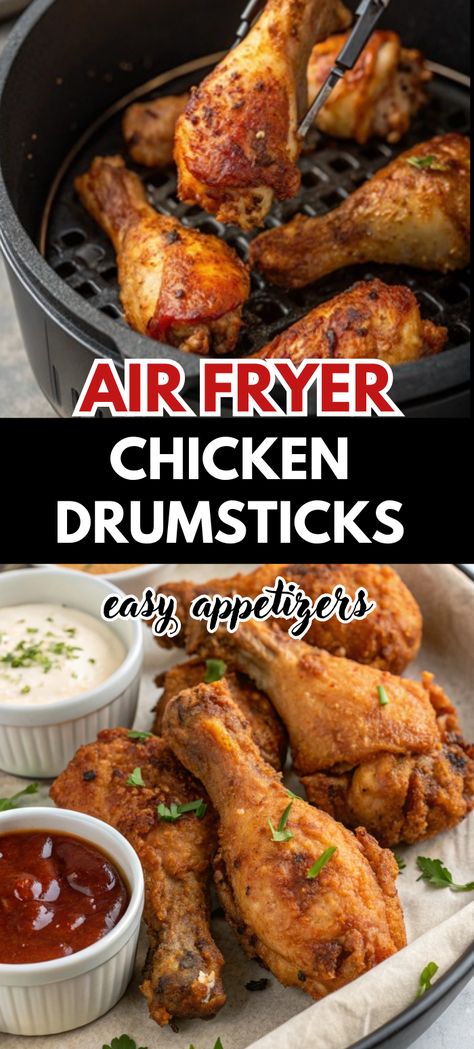 A tray of crispy Air Fryer Chicken Drumsticks sits on a black surface. The drumsticks are golden brown and appear crispy. Three small bowls of dipping sauces are placed around the tray: a creamy yellow sauce, a bright yellow mustard, and a red ketchup. Air Fryer Chicken Drumsticks, Fried Drumsticks, Fried Chicken Drumsticks, Fried Chicken Legs, Chicken Leg Recipes, Chicken Drumstick Recipes, Drumstick Recipes, Air Fried Chicken, Air Fryer Recipes Chicken