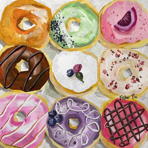 Doughnut Painting, Sweets Painting, Brown Carpet Living Room, Cookie Painting, Pastel Desserts, Donut Art, Pizza Ideas, Colorful Donuts, Fall Dates