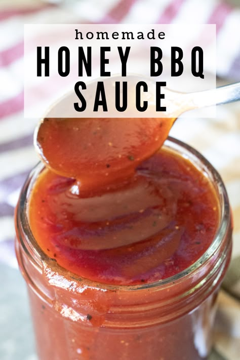 This Honey BBQ Sauce Recipe is the perfect sweet sauce for burgers, wings, chicken, and more. It's wonderfully sticky and very kid-friendly, making it a great sauce to have on hand for weekday dinners or big group barbecues with family and friends. Homemade Honey Bbq Sauce, Honey Bbq Sauce Recipe, Honey Jalapeno, Bbq Sauce Homemade Easy, Make Bbq Sauce, Honey Barbecue Sauce, Hey Grill Hey, Homemade Bbq Sauce Recipe, Wing Sauce Recipes