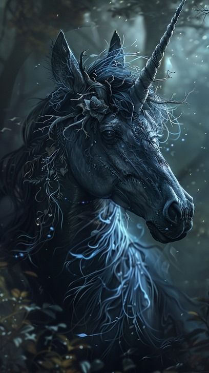 In the depths of a shadowy forest, a mystical black unicorn emerges, its presence both enchanting and mysterious. Highlighted by a subtle glow that traces its flowing mane and majestic horn, the creature's deep black coat blends seamlessly into the dark surroundings. Intricate vines and leaves delicately adorn its mane, suggesting a natural bond with the forest. The ethereal ambiance is further enhanced by the shimmering blue accents that seem to capture the very essence of magic and mystique in Enchanted Forest Backdrop, Dark Enchanted Forest, Dark Unicorn, Unicorn Background, Mystical Creature, Forest Backdrop, Unicorn Images, Novel Inspiration, Majestic Unicorn