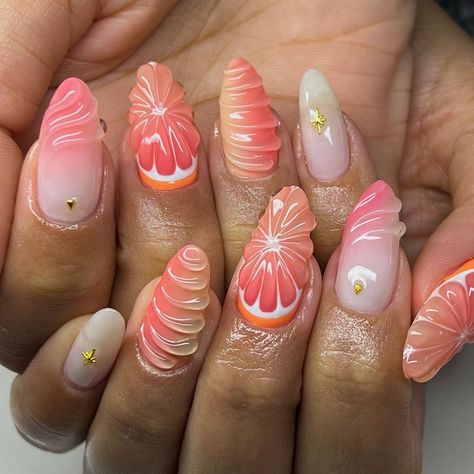 Grapefruit 🍊🧡💗☀️ INSPO @amys.clients @theenailwitch Love all theses summer nails 🫶🏼🥲 | Instagram Barca Nails, Orange Slice Nails, Grapefruit Nails, Beach Themed Nails, Acrylics Nails, Beach Nail, Fruit Nail Art, Summer Nail Designs, Tropical Nails