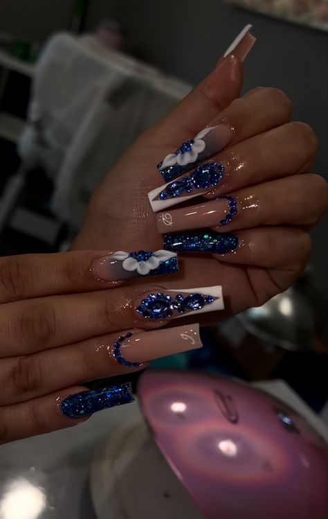 Royal Blue And Silver Nails, Blue And Silver Nail Designs, Royal Blue Prom Nails, Blue Prom Nails, Quince Nails, Blue And Silver Nails, Quinceanera Nails, Silver Nail Designs, Royal Blue Nails