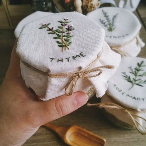 Currently Making Jar Covers For Some Of My Favorite Herbs Decorating With Embroidery Wall Art, Aesthetic Embroidery Ideas, Herbs Embroidery, Diy Cottagecore Decor, Easy Embroidery Ideas, Vintage Embroidery Designs, Embroidered Projects, Cottagecore Diy, Woodland Embroidery