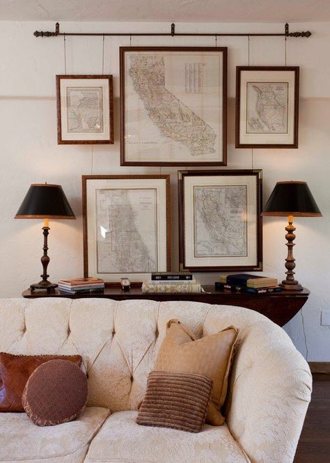 Decorating With Maps, Framed Maps, Beautiful Living Rooms, Cool Ideas, Room Decorations, Living Room Diy, Gallery Art, Inspired Living, Wall Gallery