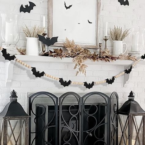 Halloween Garland Mantle, Felt Bats, Wood Beads Garland, Bat Garland, Halloween Mantel Decor, Halloween Fireplace, Beads Garland, Halloween Mantel, Boho Halloween