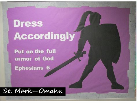 Sunday school bulletin board - armor of God with a big knight silhouette. The border is sponge painted 'stones' to give it a medieval look. Armor Of God Bulletin Board Ideas, Armor Of God Bulletin Board, Castle Classroom, Godly Men, Church Bulletin Boards, Church Bulletin, School Murals, Youth Ministry, Sunday School Activities