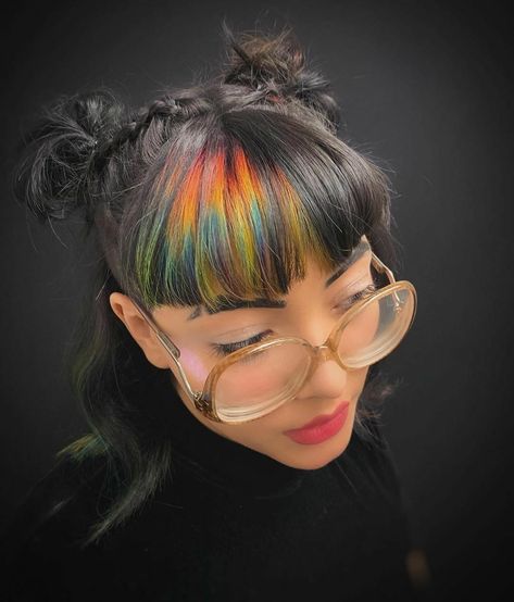 Rainbow Bangs, Short Rainbow Hair, Colored Bangs, Dyed Bangs, Split Dyed Hair, Hair Color Crazy, Bangs Hairstyles, Dyed Hair Inspiration, Different Hair Colors