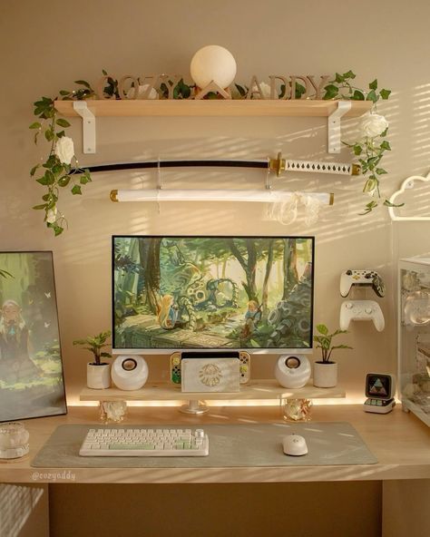 Modern Office Desk Decor, Cozy Gamer Office, Cute Wfh Desk Setup, Boho Gaming Desk, Aesthetic Office Setup, Desk Cozy Aesthetic, Cute Work From Home Desk Setup, Aesthetic Desk Setups, Cozy Desk Setup Aesthetic