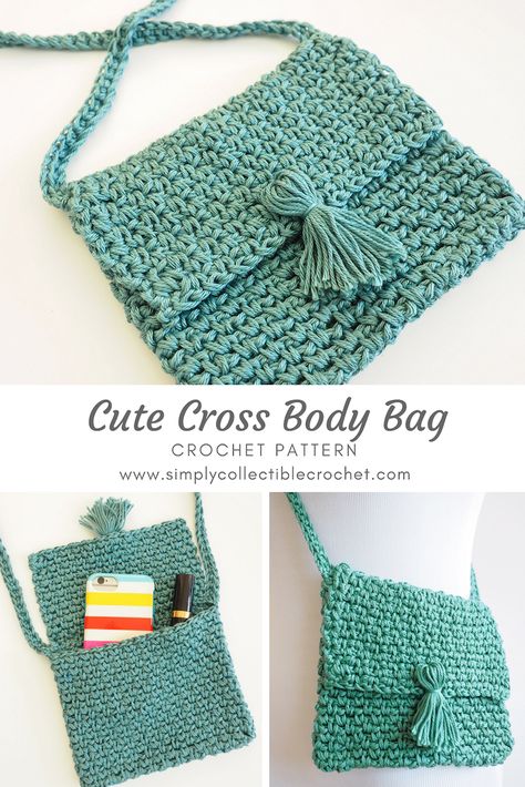 Cute Cross Body Bag Crochet Pattern • Simply Collectible Crochet Worsted Weight Crochet Patterns Free, Crochet Cross Body Bag, Mini Totes, Crochet Shell Stitch, Cute Cross, Crochet Bag Pattern Free, Bag Pattern Free, Crochet Handbags Patterns, Crochet Purse