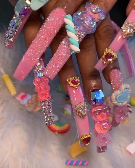 Long Charm Nails, Candy Nails Acrylic, Pink Long Acrylic, Over The Top Nails, Gummy Bear Nails, Ratchet Nails, Really Long Nails, Bear Nails, Bad Nails