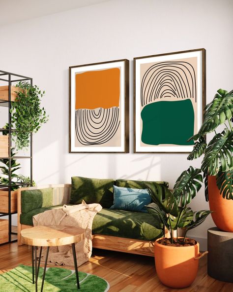 Small Apartment Living Room Green Couch, Orange And Green Mid Century, Green Gold Orange Living Room, Black Green Orange Living Room, Green And Orange Room Decor, Green Retro Living Room, Blue Green Orange Home Decor, Green And Orange Apartment, Green And Orange Wall Art