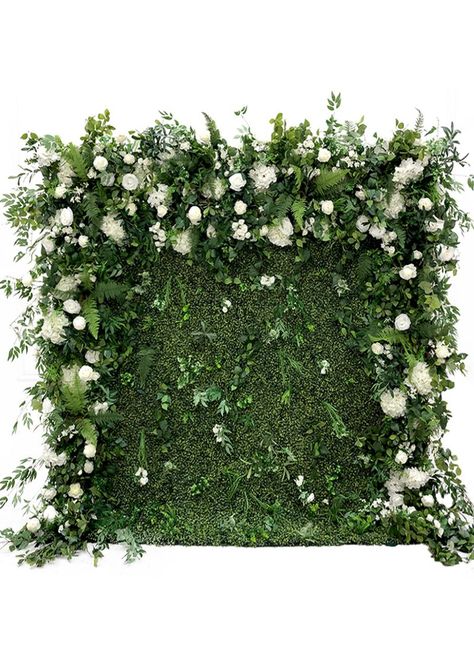 gorgeous and creatieve flower backdrop decoration trends Flower Wall For Pictures, Green Backdrop Wedding Floral Wall, Sage Green Flower Background, White Backdrop With Greenery, Green Floral Background Flower Wall, Green Back Drop With Flowers, Green Floral Party Decor, Boxwood Wall Stand, Fern Wedding Backdrop