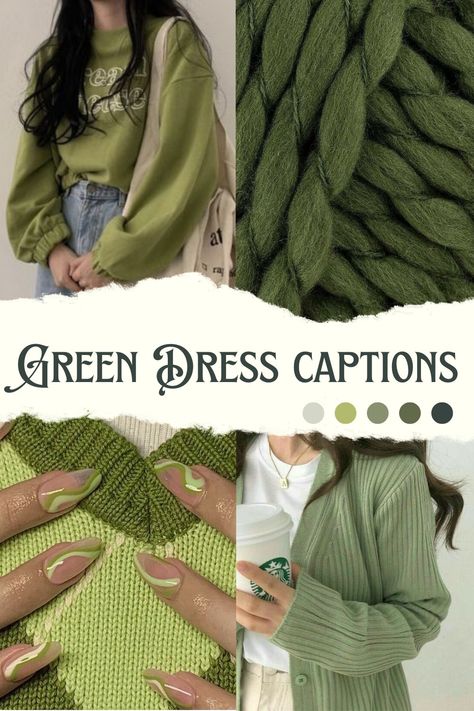 green color , green dress, green outfit, green color captions, green outfit captions, navratri colors Green Outfit Captions, Green Captions For Instagram, Green Color Quotes, Green Dress Aesthetic, All Green Outfit, Outfit Captions, Dress Captions, Green Dress Outfit, Dress Quotes