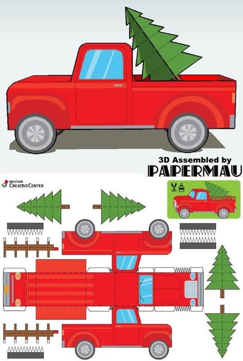 PAPERMAU: Christmas Time - Christmas Tree Delivery Truck Paper Modelby Brother Papercraft Christmas Decorations, Cardboard Train Diy, Red Truck Christmas Decor Ideas, Christmas Orderments, Train Village, Cardboard Train, Christmas Concert Ideas, Christmas Papercrafts, Christmas Papercraft