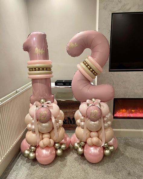 ✨ M I L A I S 1 2 ✨⁣ ⁣ Our premium double digit stacks with girly, grown-up shades of pink ✨⁣ ⁣ #numberstack #numberballoon #luxuryballoons #12thbirthdaydecor #balloonstylist ⁣ ⁣ Luxury balloon artist. Pink tones number balloon stack. Birthday decor. Birthday inspo. Leicester balloon artist. Balloon Number Stacks, Balloon Stack, Marble Balloons, 16 Balloons, Balloon Creations, Balloon Artist, 5 Balloons, Balloon Display, Balloon Stands