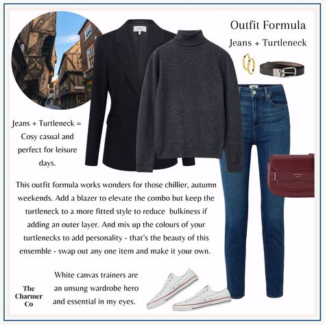 Autumn Outfit Formulas – Jeans Turtleneck Turtleneck And Crewneck Outfit, Turtleneck Jeans Outfit, Mom Jeans Turtleneck Outfit, Trendy Winter Turtleneck Cardigan, Chic Fall Turtleneck, Trendy Turtleneck T-shirt For Fall, Match Outfits, Turtleneck Jumper, Turtle Neck Jumper