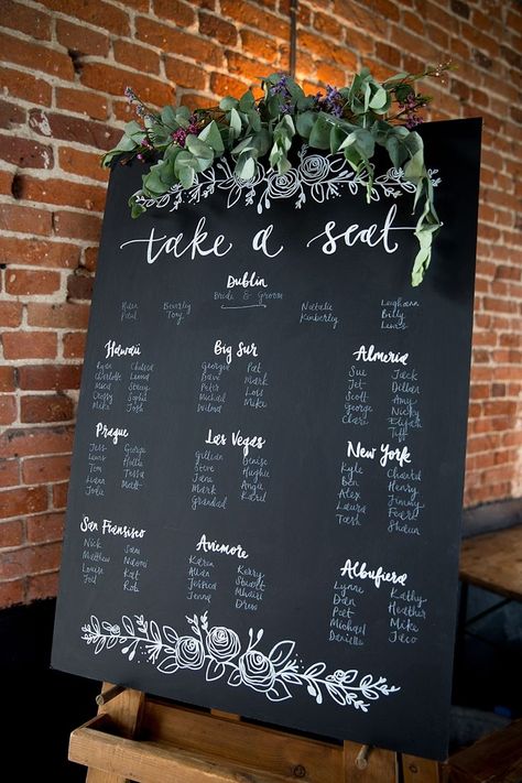 Seating Plan Table Chart Black Chalk Board Letting Calligraphy Foliage Swag Pretty Relaxed Countryside Wedding http://katherineashdown.co.uk/ Wedding Table Themes, Wedding Table Names, Signing Table Wedding, Travel Theme Wedding, Wedding Table Plan, Seating Plan Wedding, Countryside Wedding, Chalkboard Sign, Seating Plan