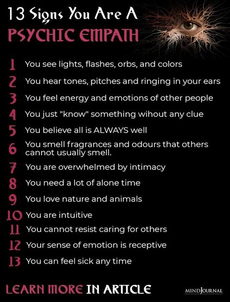 Often people confuse psychic empathy with the basic human emotion of empathy. If you want to be sure that you are a psychic empath then look out for these signs #empathy #psychic Psychic Empath, Empath Traits, Empath Abilities, Psychic Development Learning, Intuitive Empath, Spiritual Awakening Signs, Spiritual Psychology, The Minds Journal, Minds Journal