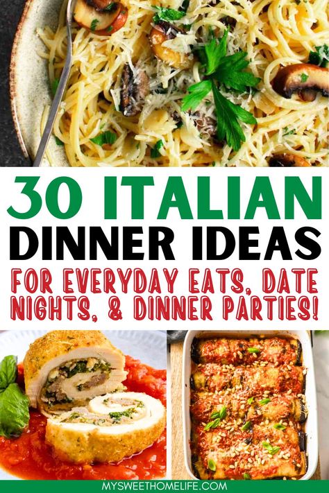 It's amore to Italian cooking! These Italian dinner recipes, with their simplicity, quality ingredients, and rich flavor, will whisk you away to the charming streets of Italy making them perfect for both date night and everyday eats. Italian Food For Party, Sunday Italian Dinner Ideas, Classic Italian Recipes, Italian Buffet Ideas Dinners, Italian Date Night At Home, Italian Dinner Recipes Authentic, Dinner Recipes For Date Night, Italian Sunday Dinner Ideas, Italian Food Party Ideas