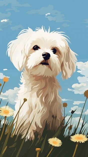 White Dog Painting Acrylic, Maltese Dog Drawing, Maltese Painting, Maltese Drawing, White Dog Painting, Maltese Art, Dog Caricature, 30 Tattoo, Bichon Havanais