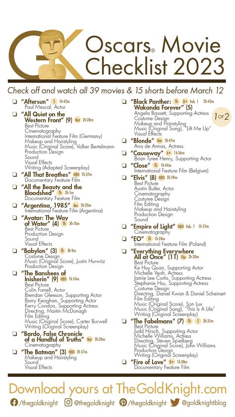 Vertical Oscars Movie checklist with a list of the nominated films Oscar Movies List, Disney World Parade, Movie Checklist, Gold Knight, Oscar Nominated Movies, Oscars Party Ideas, Oscar Movies, Oscars 2023, Movie Hacks