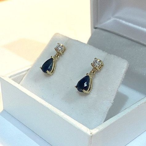 Excited to share this item from my #etsy shop: 9ct Yellow Gold Midnight Blue Sapphire Drops, Dangle Drops, Genuine Sapphire, Created Diamond Drops, Dark Blue Earrings, Blue Jewellery Family Heirloom Engagement Ring, Dark Blue Earrings, Blue Sapphire Earrings, Blue Jewellery, Model Images, Bridal Jewelry Collection, Claw Setting, Diamond Free, Earrings Metal