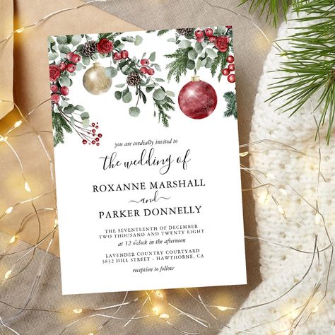 Xmas Wedding Invitations, Simple Winter Wedding Invitations, Wedding Invitations Christmas Theme, Wedding Invitation Winter, Simple Christmas Wedding, Rustic Winter Wedding Ideas, Winter Wedding Invites, Christmas Invites, Gold Baubles