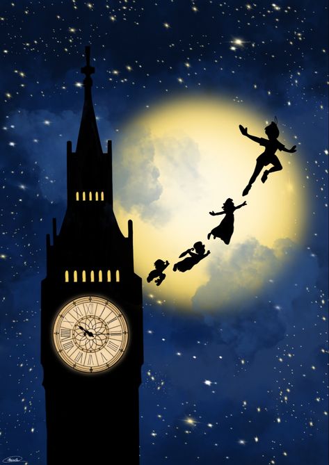 Peter Pan London Skyline, Peter Pan Flying Over London, Disney Wall Murals Diy, Peter Pan Lockscreen, Peter Pan Artwork, Neverland Art Peter Pan, Peter Pan Background, Peter Pan Movie Poster, Pan Movie Poster