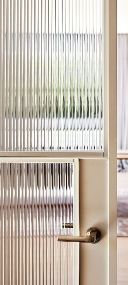 Reeded Glass Window, Reeded Glass Door, Glass Partition Designs, Modern Partition Walls, Metal Room Divider, Reeded Glass, Glass Office, Fluted Glass, Glass Doors Interior