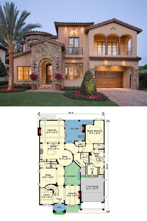 Two-Story 4-Bedroom Mediterranean Home with Courtyard Stunner (Floor Plan) Mediterranean House Plan, Mediterranean Style House, Mediterranean Style House Plans, Mediterranean House Plans, Courtyard House Plans, Casa Country, Two Story House, Mediterranean House, Dream Life House