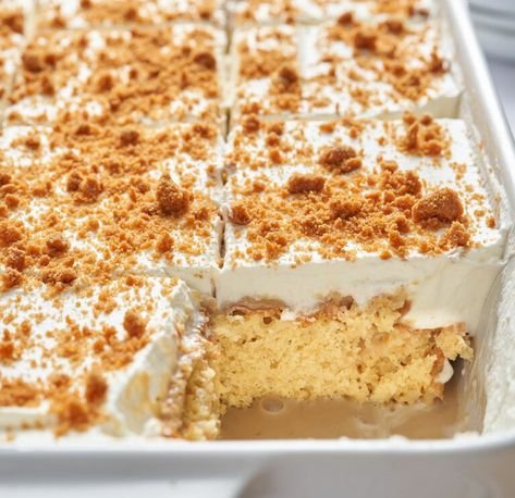 Quatro Leches Cake, Lotus Tres Leches Cake, Butter Pecan Tres Leches Cake, Biscoff Poke Cake, Milk Cakes, Eid Dessert Recipes, Tres Leches Recipe, Lotus Cake, Leche Cake