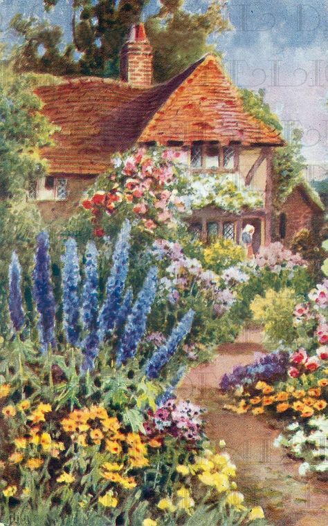 Cottage Illustration, Arte Indie, Cottage Painting, Blue Delphinium, Storybook Cottage, English Cottage Garden, Cottage Art, Garden Painting, Kew Gardens